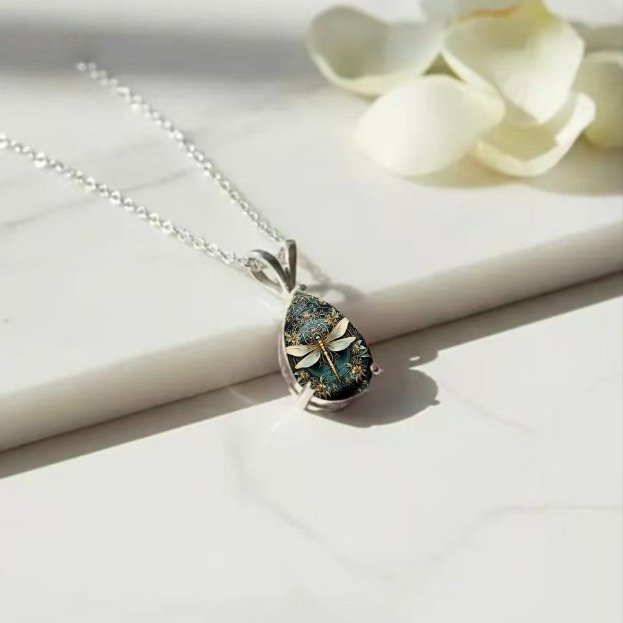 Teal Dragonfly Floral Necklace