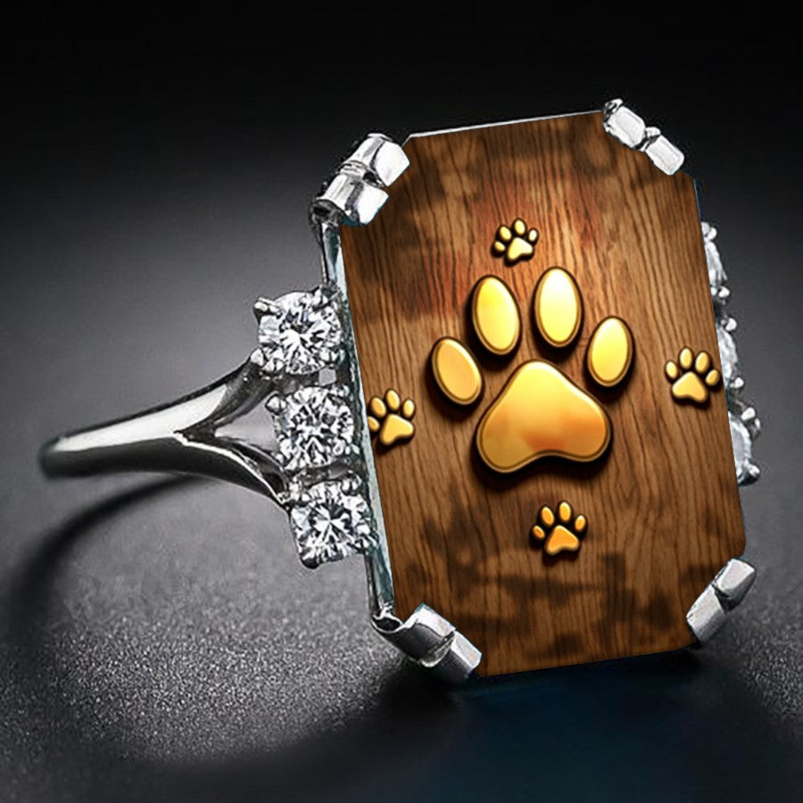 Wood Grain Paw Print Square Ring