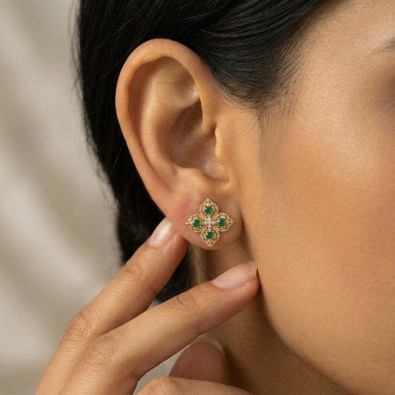 Green Zircon Filigree Flower Stud Earrings
