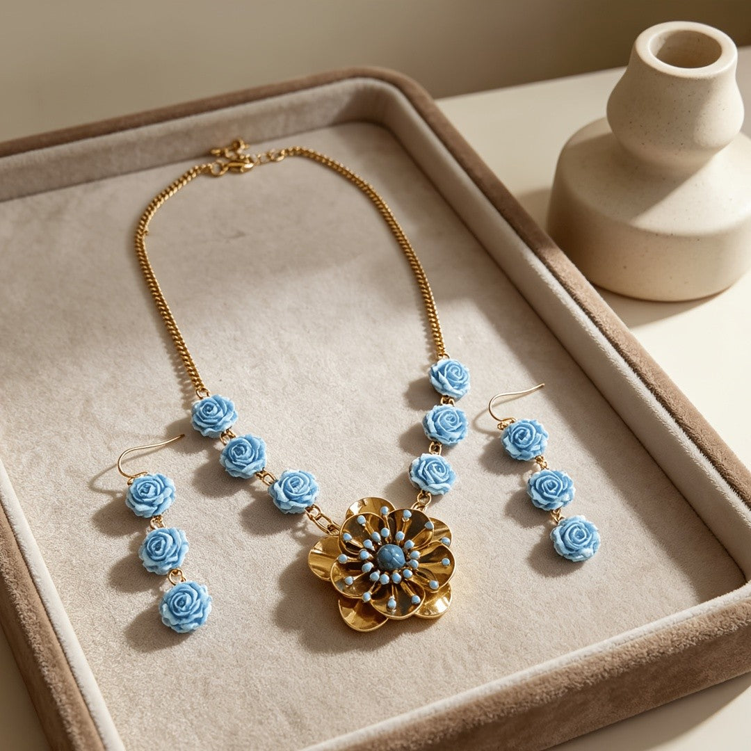 Blue Rose Sunflower Jewelry Set
