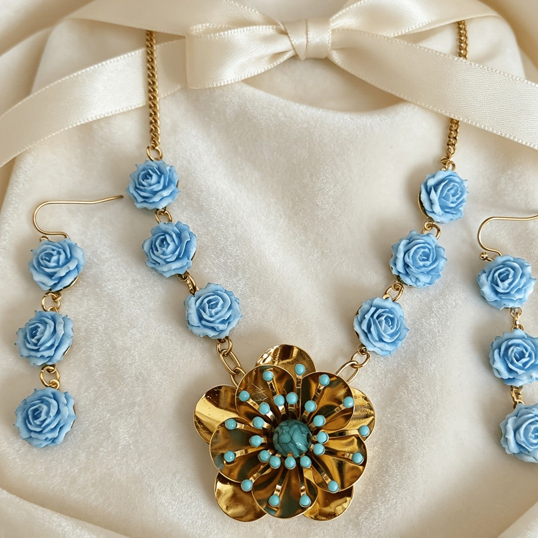 Blue Rose Sunflower Jewelry Set