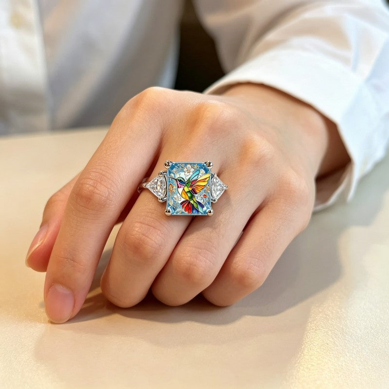 Rainbow Hummingbird & Crystal Square Ring