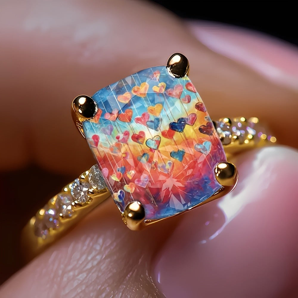 Colorful Falling Hearts Square Ring