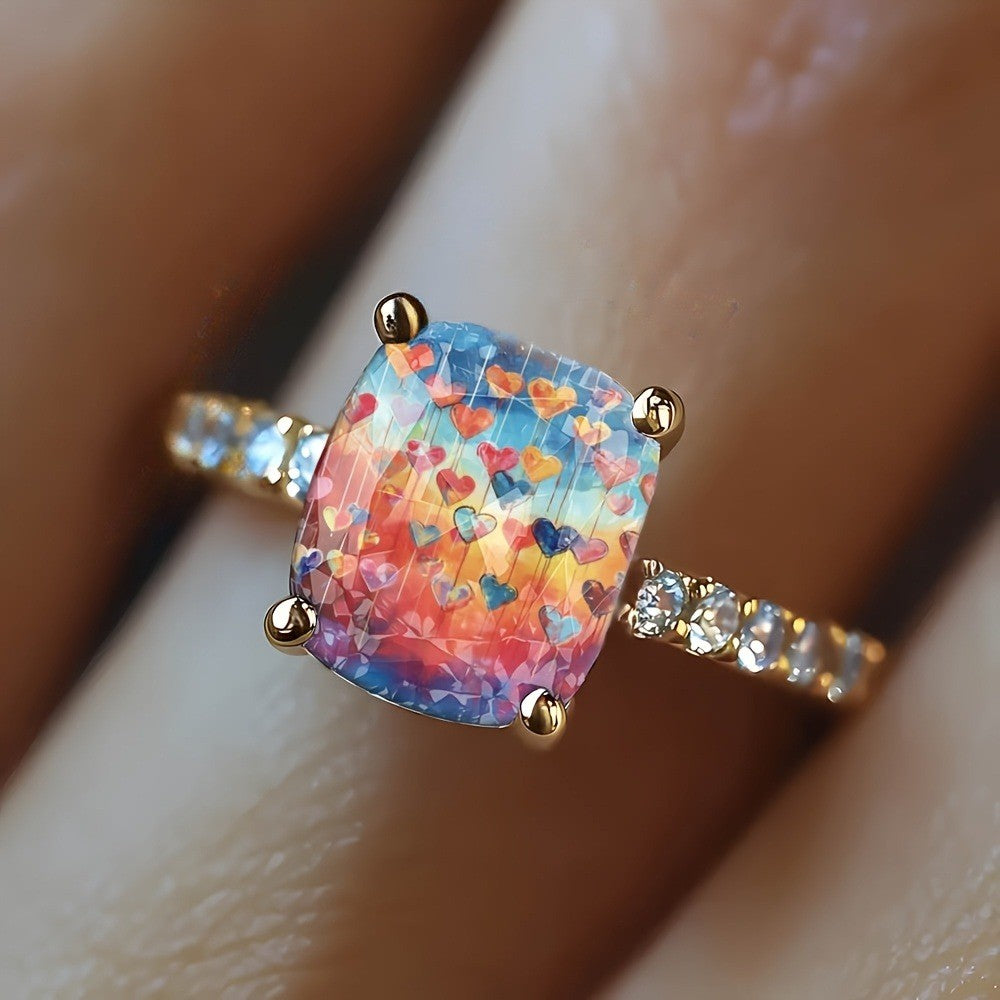 Colorful Falling Hearts Square Ring