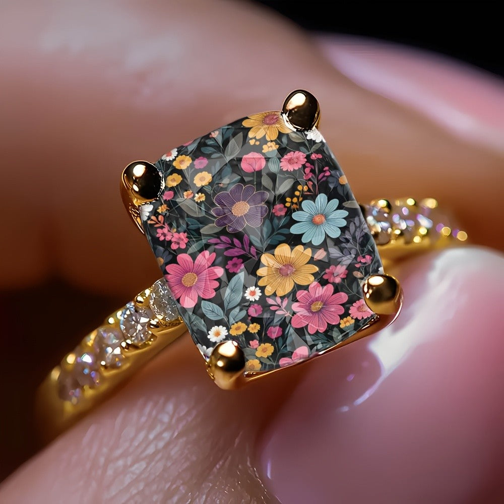 Colorful Floral Square Ring & Bracelet Set