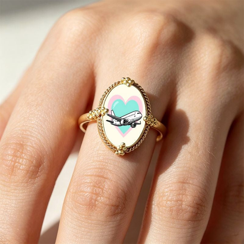 Airplane Heart Oval Ring