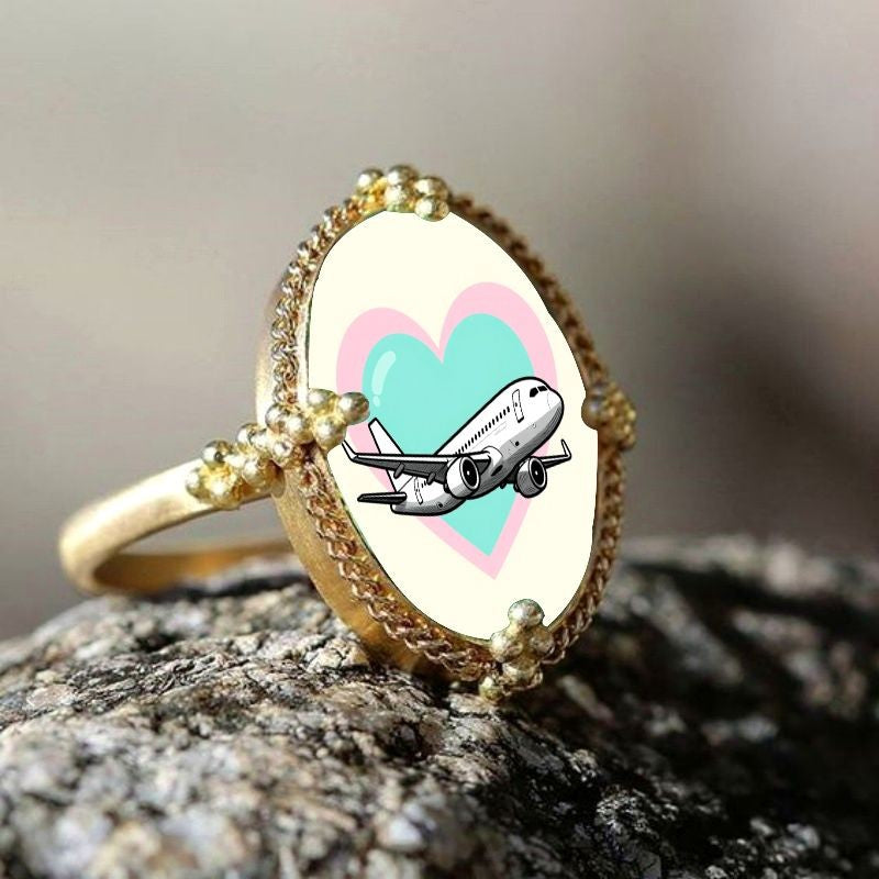 Airplane Heart Oval Ring