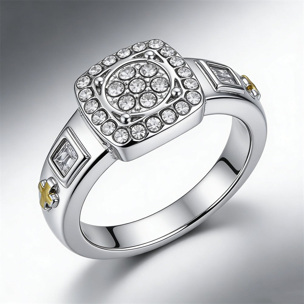 Two-Tone Cross & Crystal Ring