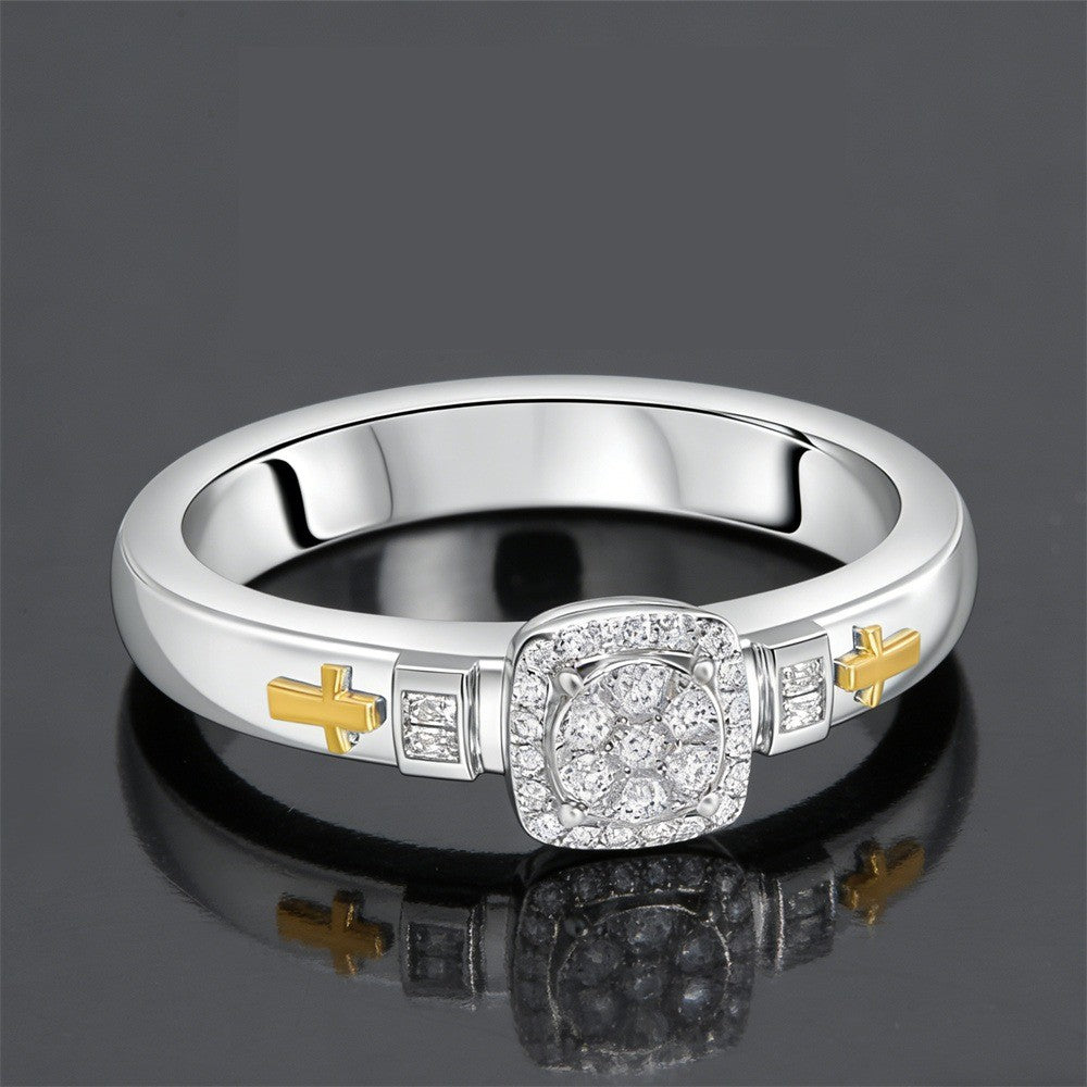 Two-Tone Cross & Crystal Ring