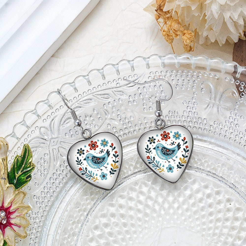Folk Art Bird Heart Earrings