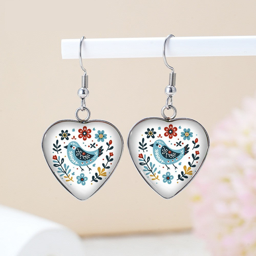 Folk Art Bird Heart Earrings