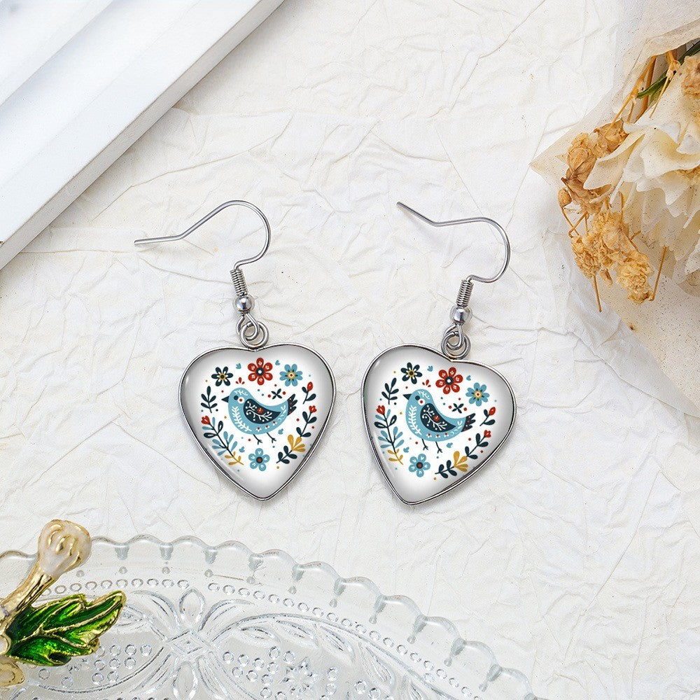 Folk Art Bird Heart Earrings