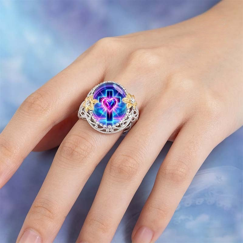 Neon Cross Heart Floral Ring