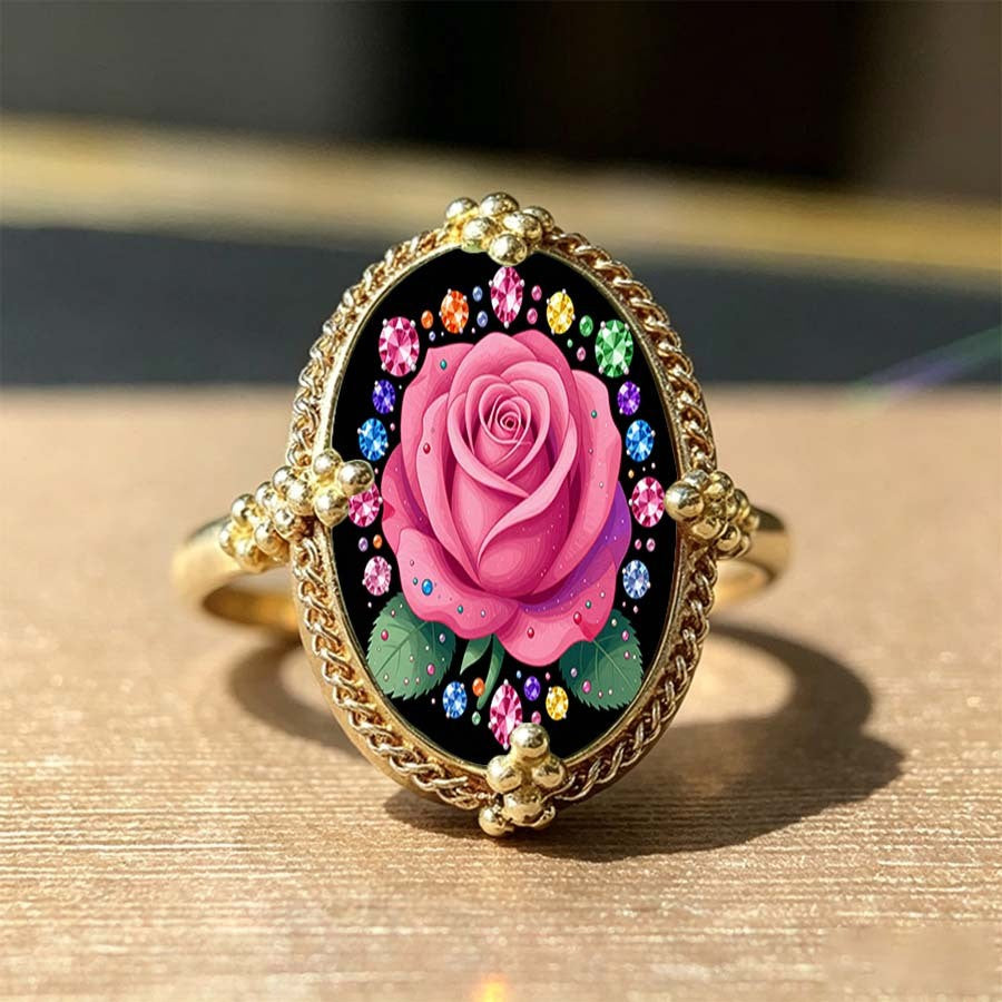 Pink Rose & Rainbow Jewel Oval Ring