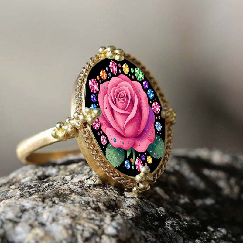 Pink Rose & Rainbow Jewel Oval Ring