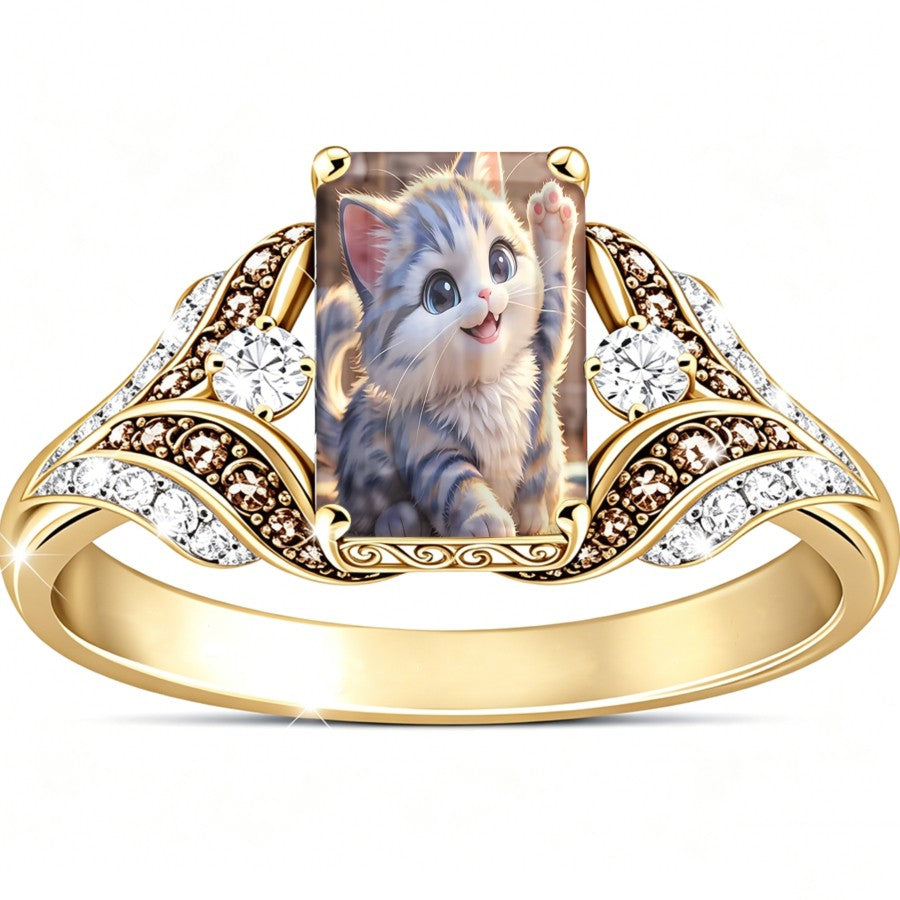 Waving Kitten Crystal Square Ring