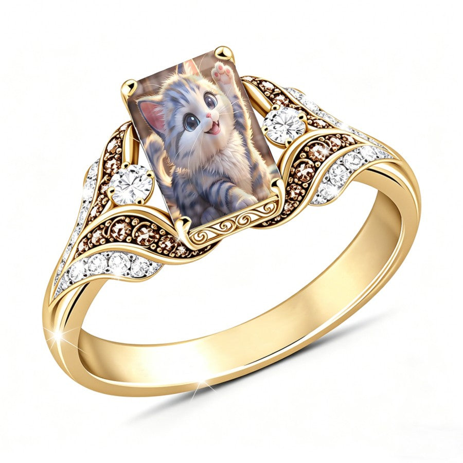 Waving Kitten Crystal Square Ring