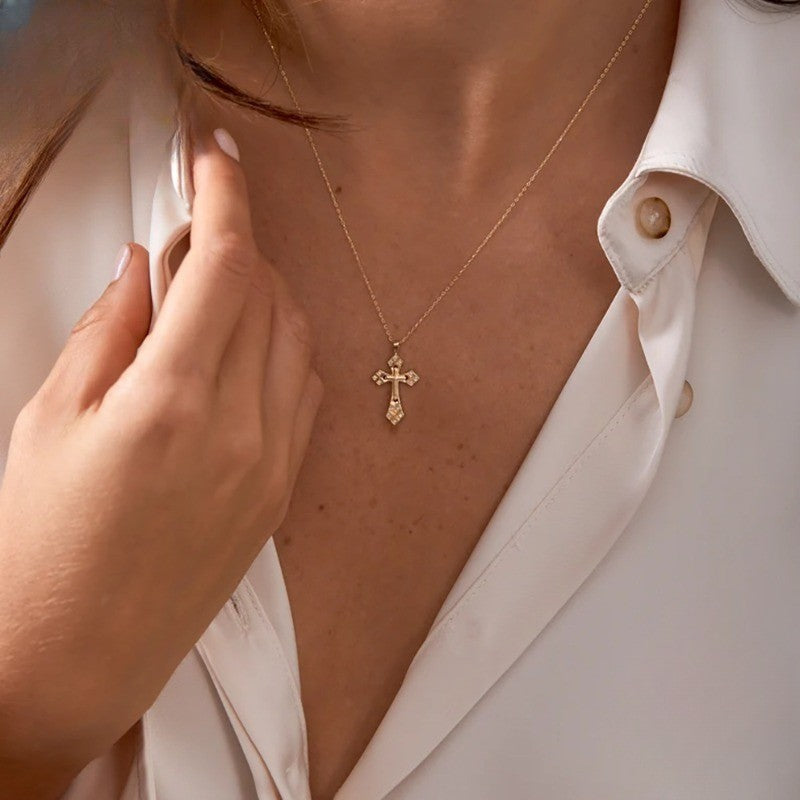 Zirconia Carved Cross Necklace