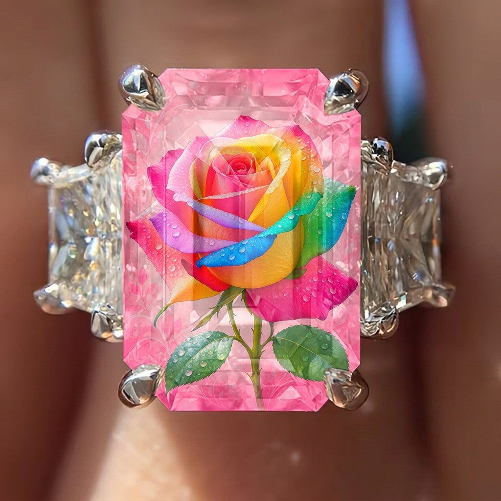Rainbow Rose Rectangular Ring