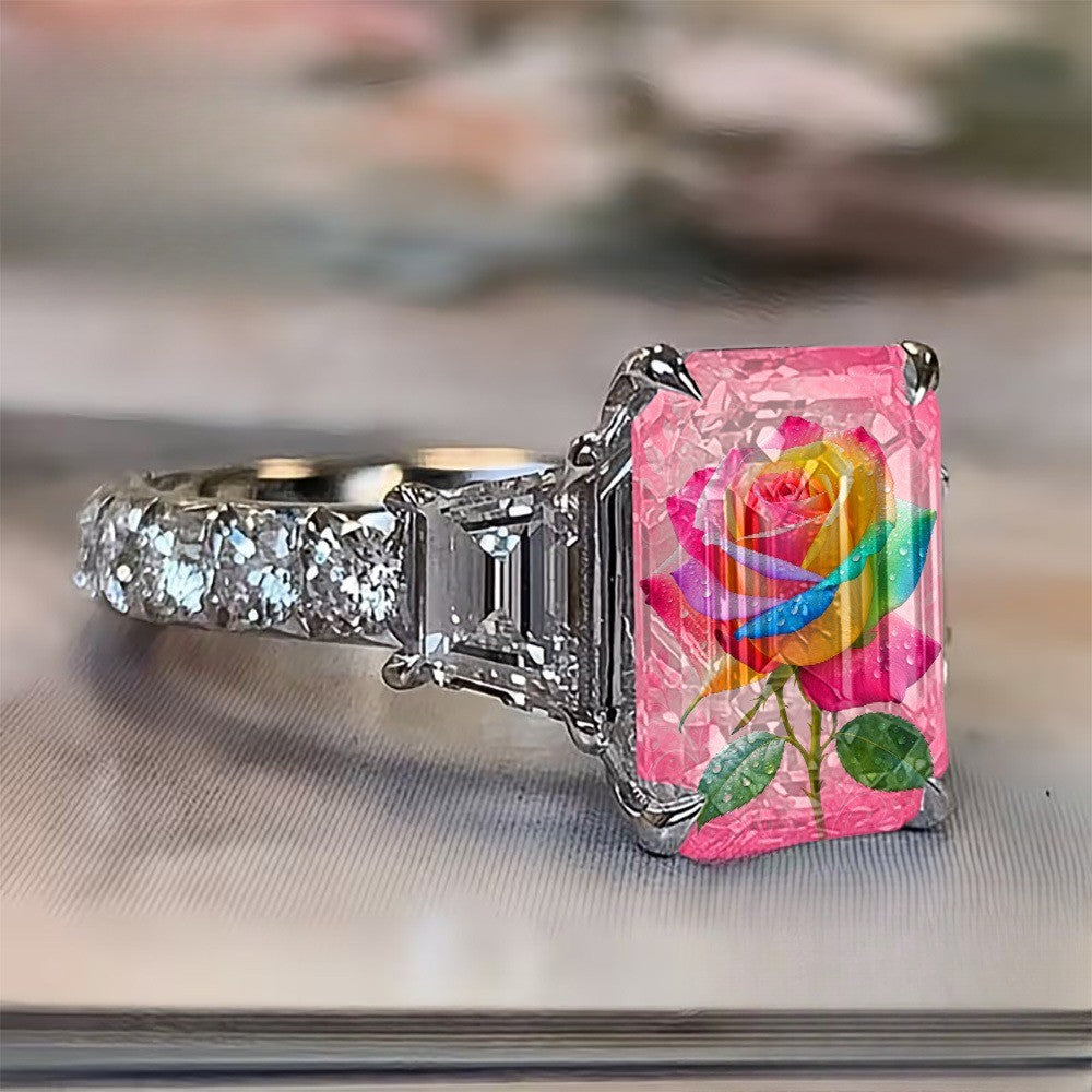 Rainbow Rose Rectangular Ring