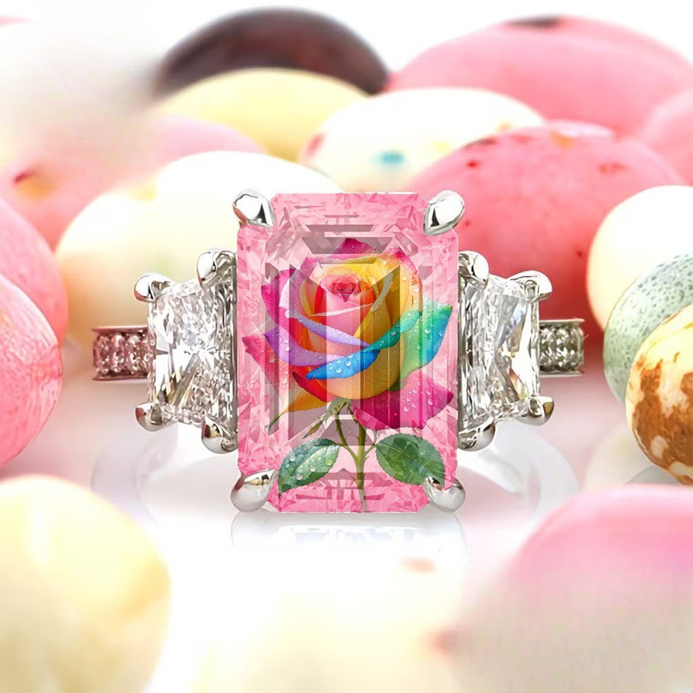 Rainbow Rose Rectangular Ring