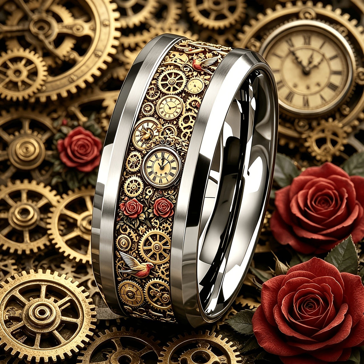 Steampunk Gear & Rose Ring