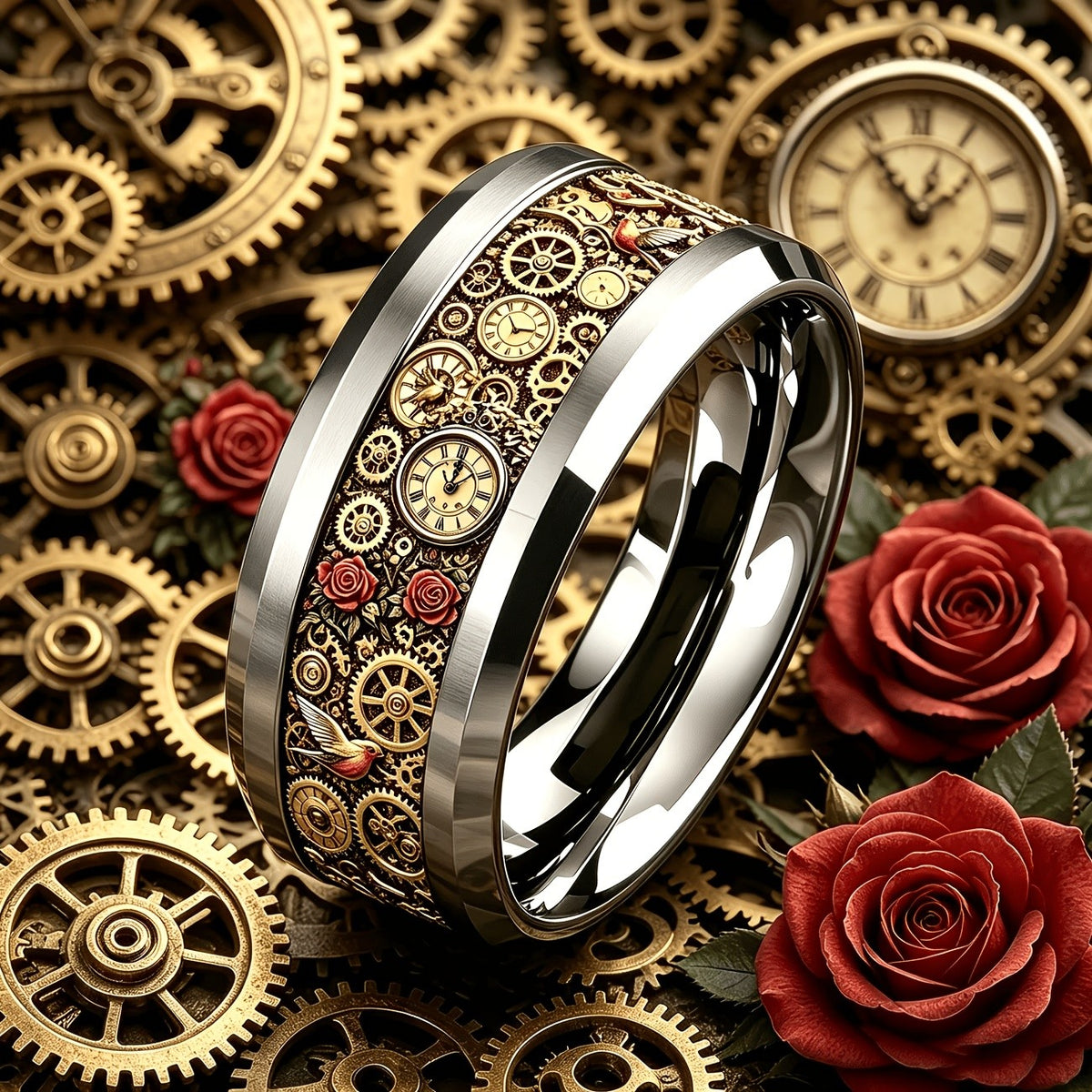 Steampunk Gear & Rose Ring