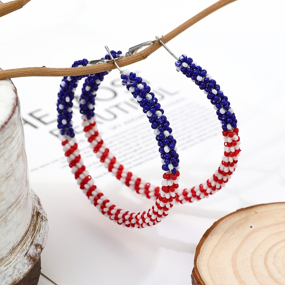 Red White Blue Seed Bead Hoop Earrings