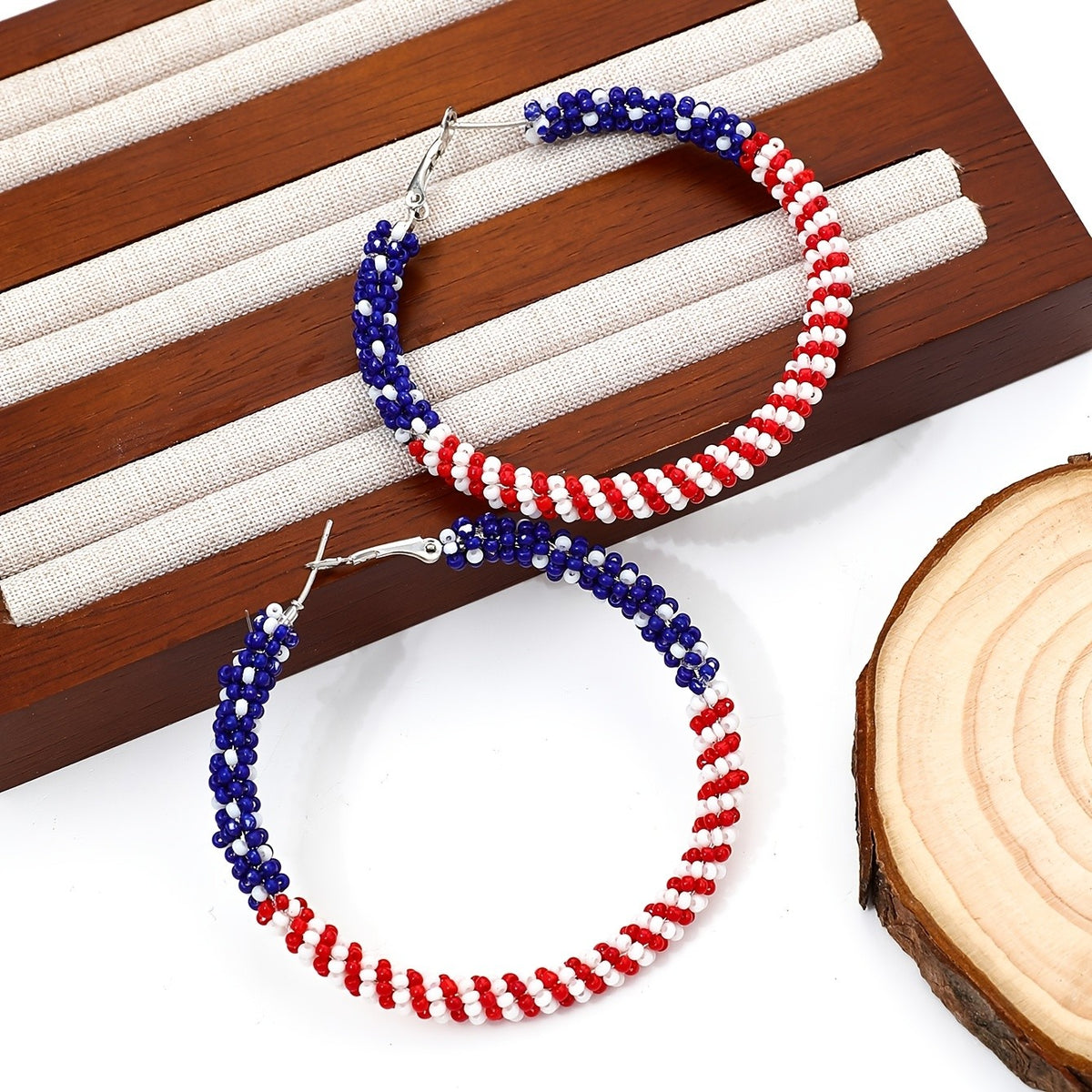 Red White Blue Seed Bead Hoop Earrings