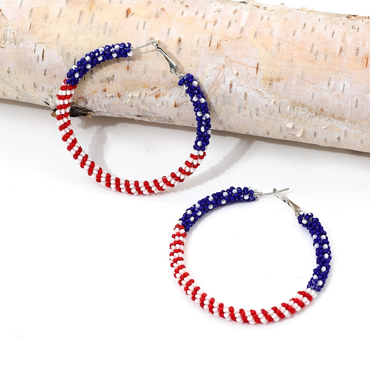 Red White Blue Seed Bead Hoop Earrings