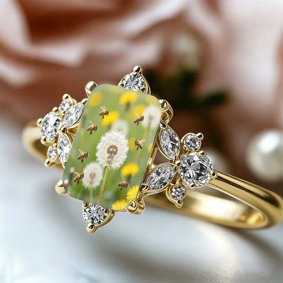 Dandelion & Bee Crystal Square Ring