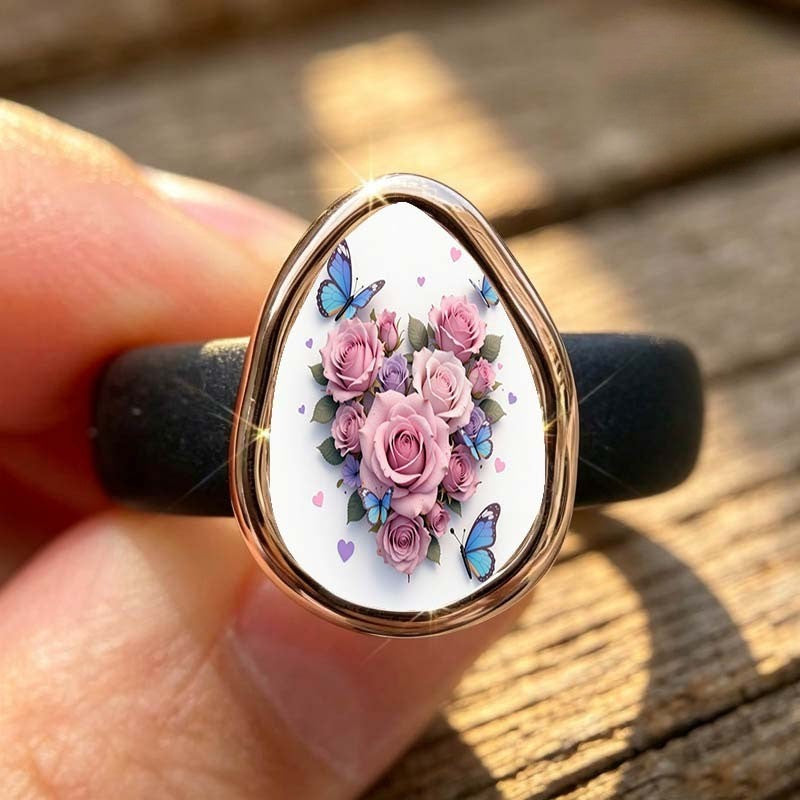 Pink Rose & Butterfly Teardrop Ring