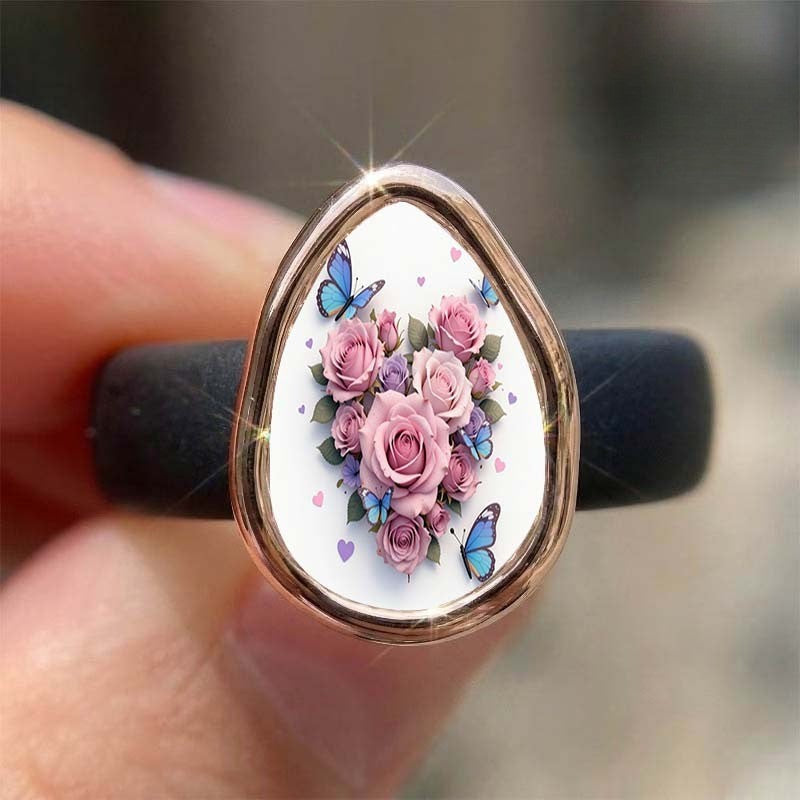 Pink Rose & Butterfly Teardrop Ring