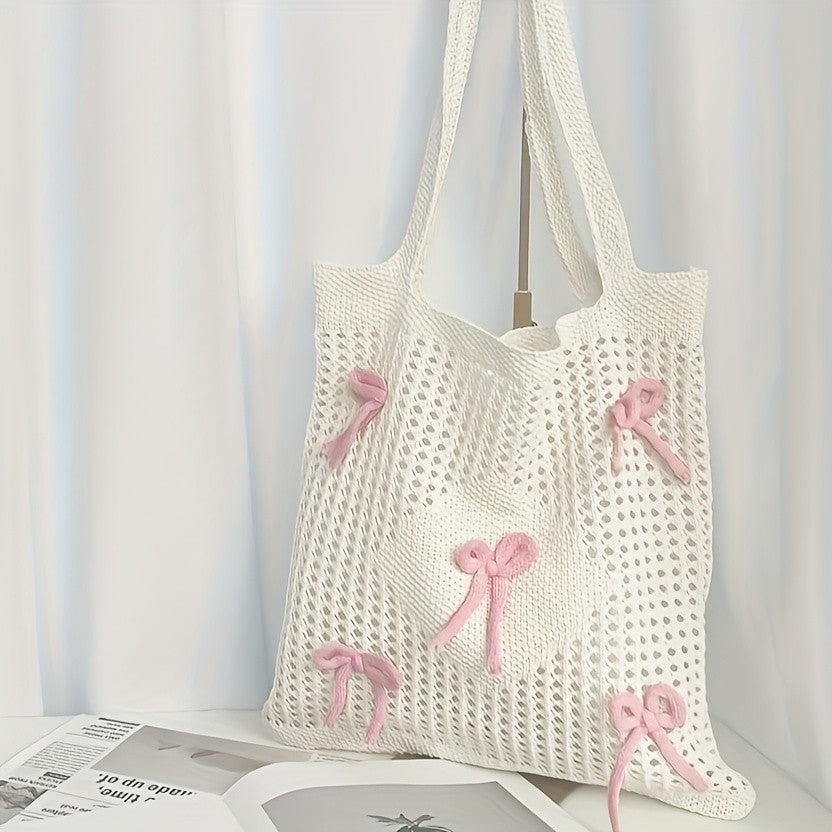 Pink Bow Crochet Tote Bag
