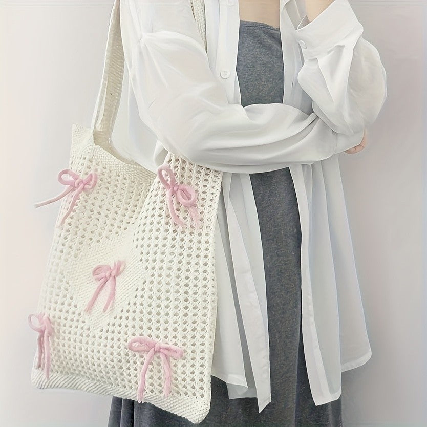 Pink Bow Crochet Tote Bag