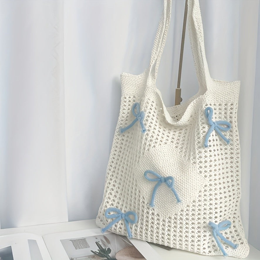 Pink Bow Crochet Tote Bag
