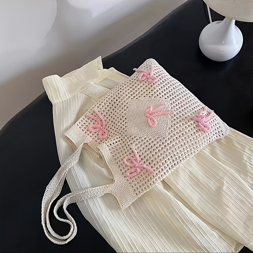 Pink Bow Crochet Tote Bag