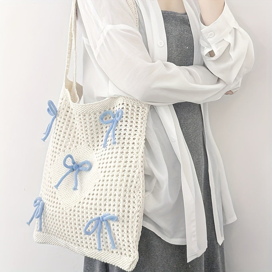 Pink Bow Crochet Tote Bag