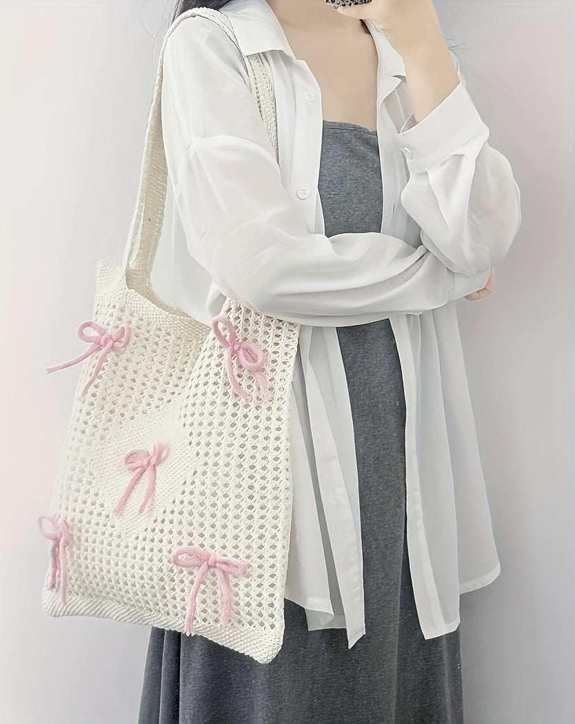 Pink Bow Crochet Tote Bag