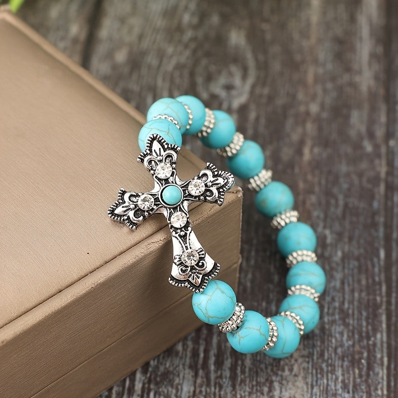 Ornate Cross & Turquoise Bead Bracelet