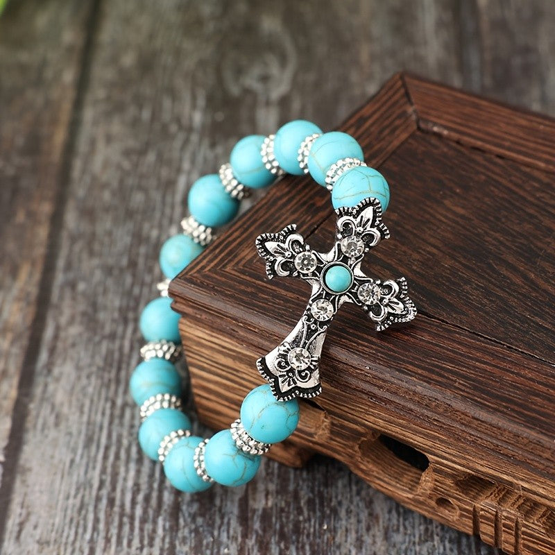 Ornate Cross & Turquoise Bead Bracelet