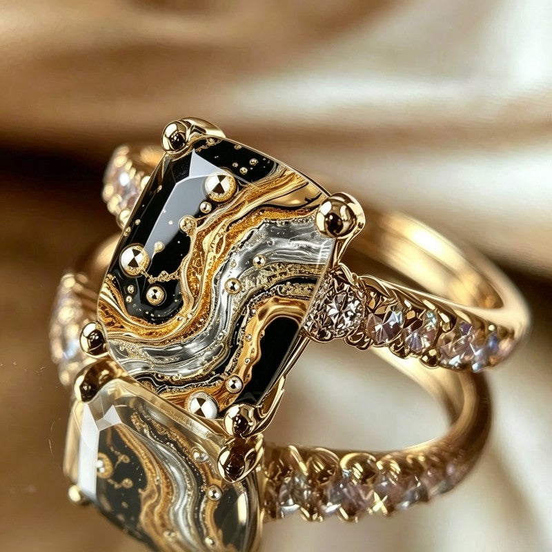 Black Marble Square Ring