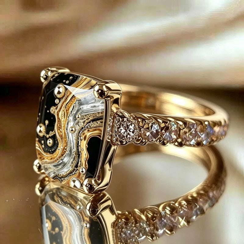 Black Marble Square Ring