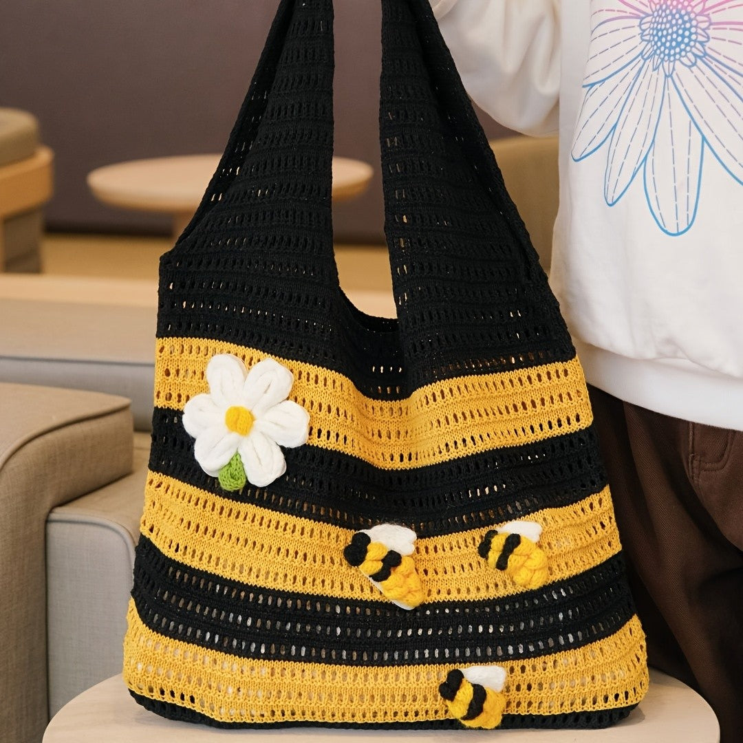 Bee & Daisy Crochet Tote Bag