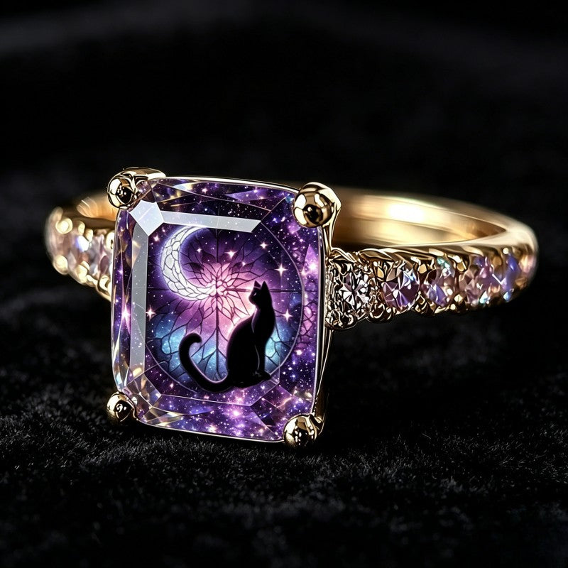 Galaxy Cat Crescent Moon Square Ring
