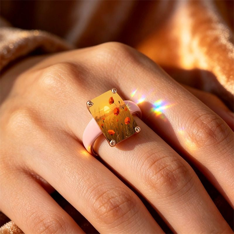 Sunset Poppy Field Square Ring