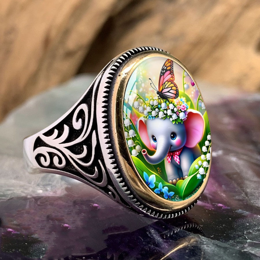 Elephant & Butterfly Oval Ring