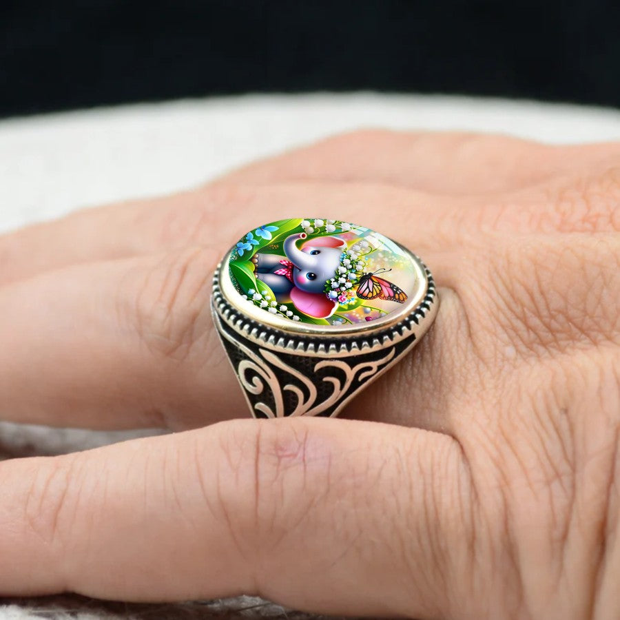Elephant & Butterfly Oval Ring