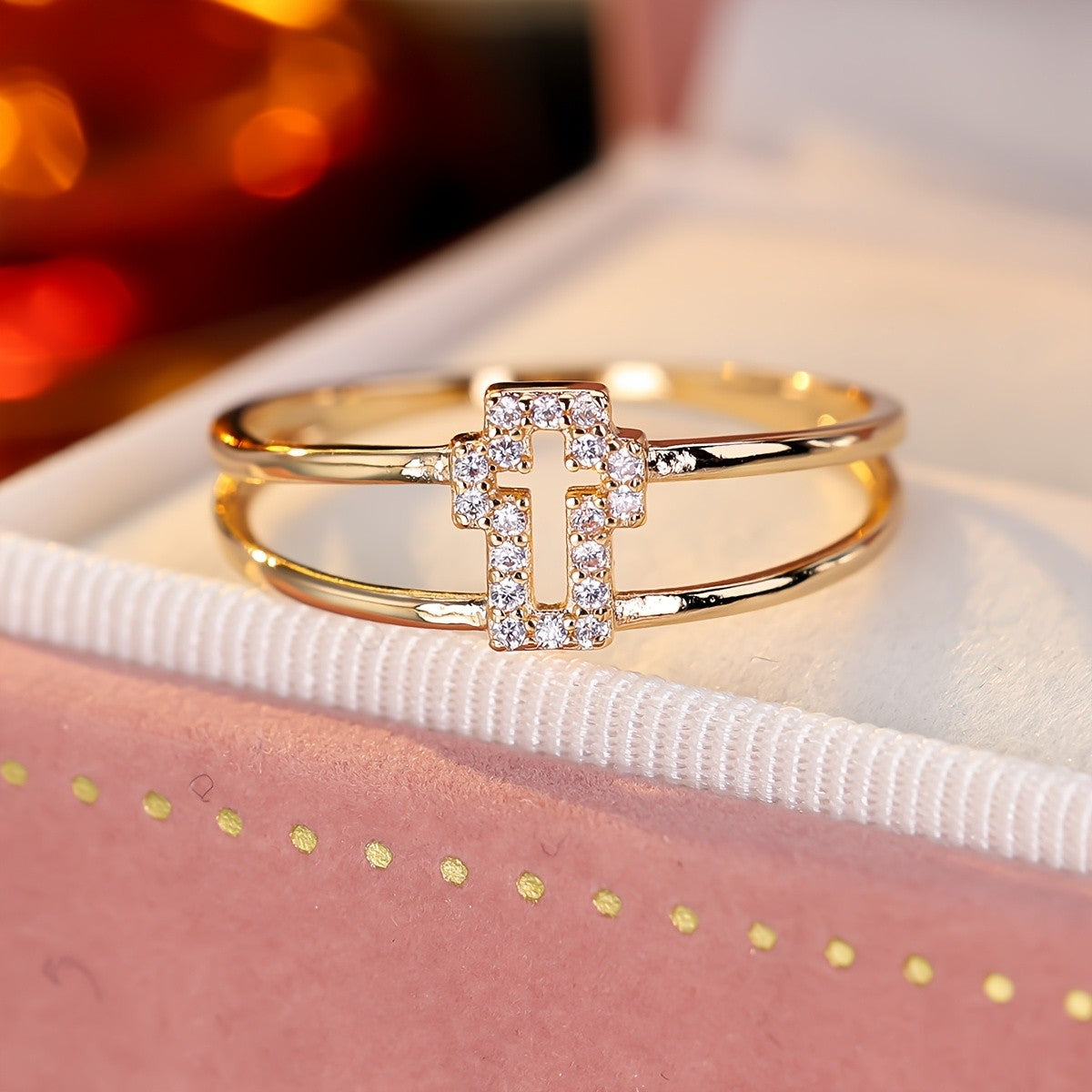 Crystal Cross Double Band Ring