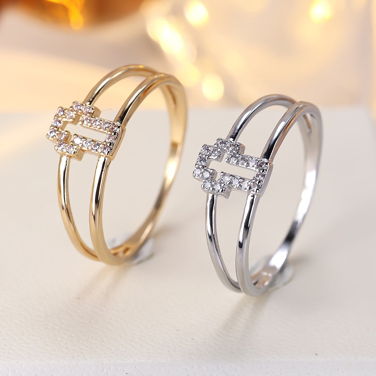 Crystal Cross Double Band Ring